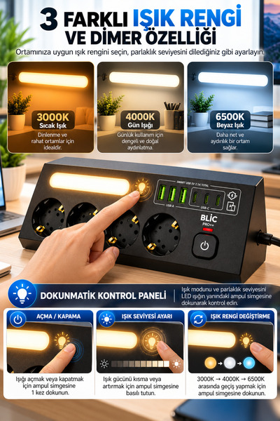 Merwish Akım Korumalı 4'lü Priz, 3 USB-A 3 Type-C, 10 Girişli, 2200W 1050J, 3 Renk Dokunmatik LED Aydınlatmalı, 2 Metre Kablolu Siyah Masaüstü Priz