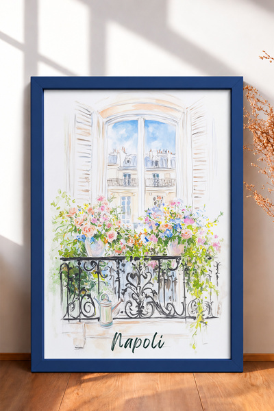 HOMEPACK Naples Written Floral Wrought Iron Balcony Framed Painting Italy Pos...