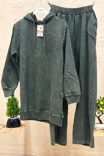 sahnemoda Hooded embroidered washed pants set