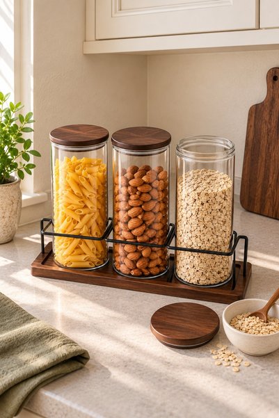 Generic 3-Piece Glass Jar Set with Brown Wood-Style Lid, Stand, and Organizer...