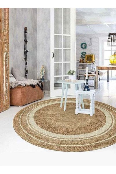 Generic Brand HOME TASTE Handcrafted Round Jute Rug With White Accents Natura...
