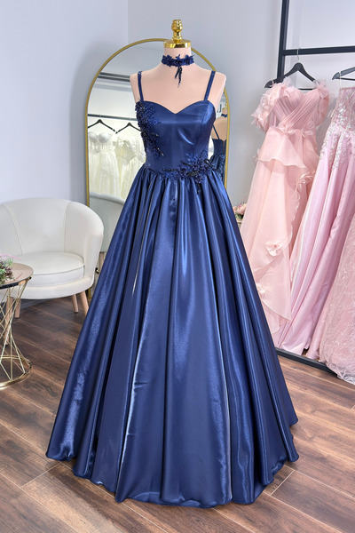 Lenta Moda Lacivert Kristal İşlemeli Dantel Detaylı Saten Abiye ve Nişan Elbi...