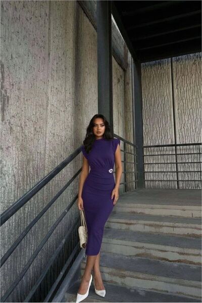 Şeker Portakalım Crepe Evening Dress Midi Straight Fabric Collar Dress