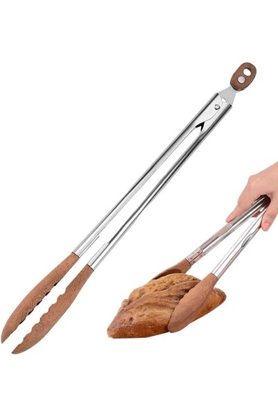 Generic ملقط من الفولاذ المقاوم للصدأ وخشب الجوز للطهي والشواء والسلطة - محمو...