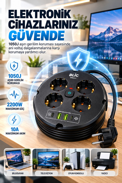 Merwish Akım Korumalı Uzatma Grup Priz 8 Bağlantı Noktalı 1050 Joule 2200W 4'lü Priz 2 USB 2 Type-C 2 Metre Kablolu Sarılabilir Çoklu Priz