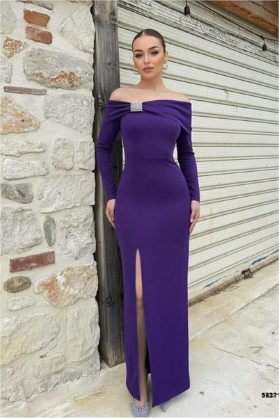 Şeker Portakalım Flexible Strapless Evening Dress Fabric Detailed Stone Crepe...