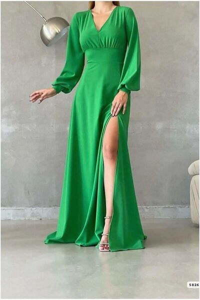 Şeker Portakalım V Long Evening Dress with Sleeves Maxi Collar Slit Dress