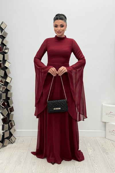 giyimmasalı Rochie din țesătură șifon cu mâneci și volane - BORDO