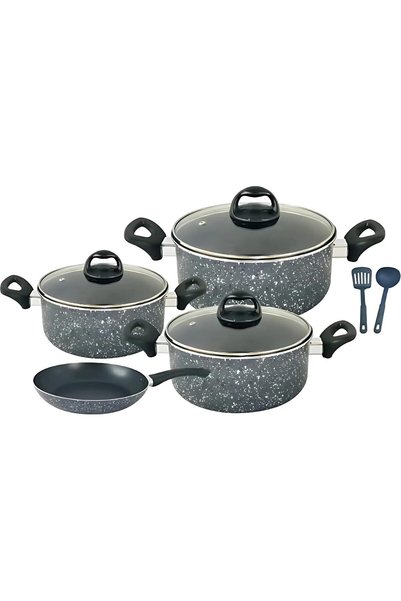Generic Non-Stick Aluminum Granite Cookware Set of 9 Pieces with Tempered Gla...