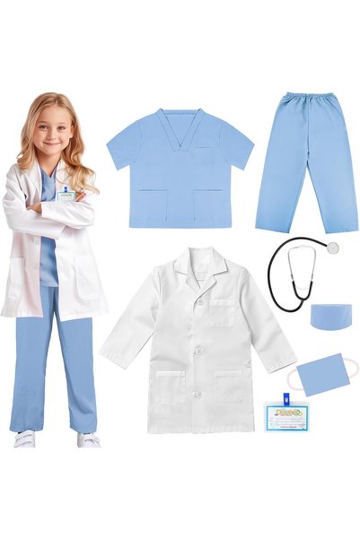 Generic Doctor Scrubs Costume for Kids (7 Pcs) with Realistic White Lab Coat,...