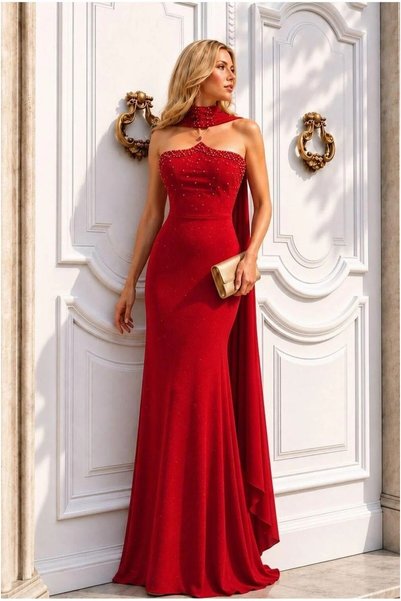 Şeker Portakalım Glittery Evening Dress Asymmetrical Fabric Collar Strap Dress