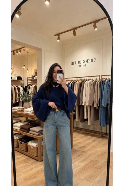 ALLWIN Kırmızı Yarasa Kol Marka Model Crop Kazak