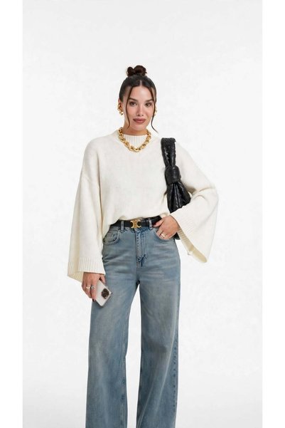 ALLWIN Kırmızı Yarasa Kol Marka Model Crop Kazak