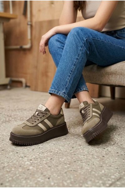 ShoeTek Esther Women's Sneakers Lace-Up Sports Shoes Genuine Leather Khaki Suede