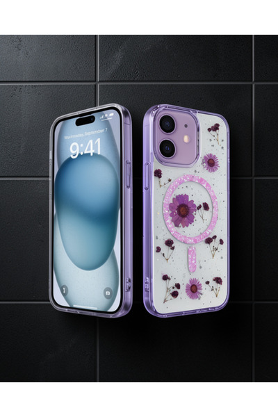 Generic Brand Apple iPhone 12 Case Daisy Glitter Magsafe Cover - Purple