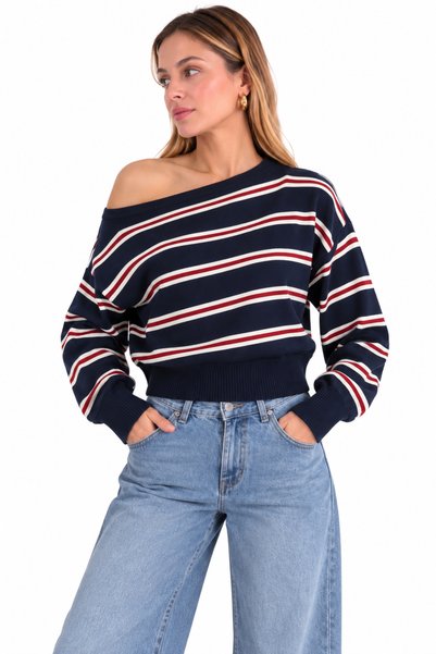 Selay Accessory سترة نسائية مخططة ذات ياقة قاربية ونحيفة من التريكو