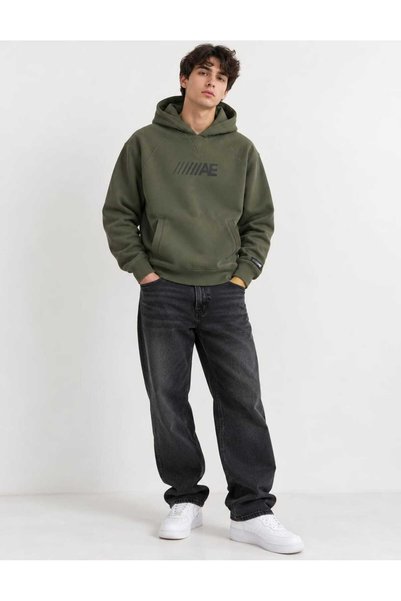FASHION Ανδρικό Φούτερ American Eagle Χακί, με κουκούλα, στάμπα και πλαϊνές τ...