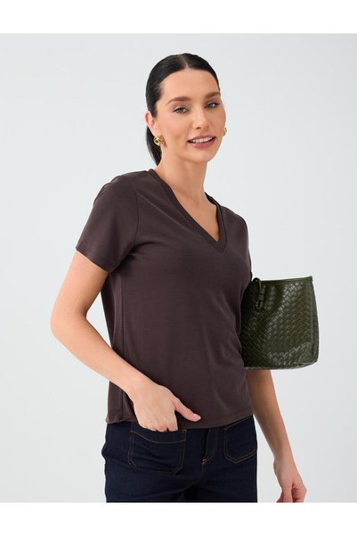 Jimmy Key Bitter Coffee V-Neck Straight Cut Short Sleeve Modal T-Shirt