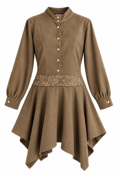 Generic Brand High Collar Long Sleeve Short Suede Dress