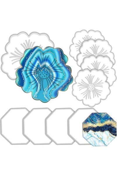 Generic 8 Pieces Coaster Silicone Resin Molds Set Include 4 Flower Coaster Re...