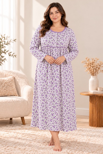 CottonVia Mother's Nightgown, Buttoned Collar, Buttoned Collar with Piping, 3...
