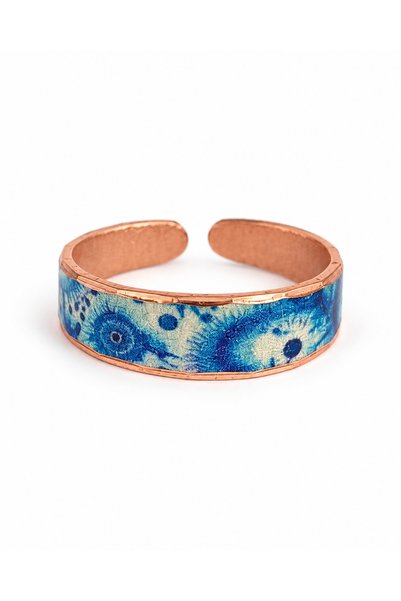 Erol Bakır Blue Abstract Floral Pattern Adjustable Handcrafted Copper Ring