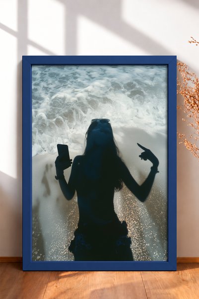 HOMEPACK Woman Shadow on the Beach with Phone Framed Painting Italy Poster Li...