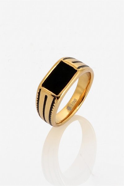 Crupt Studio Gold Striped Black Stone 316L Steel Men's Ring