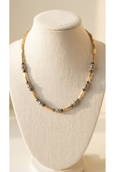 Beatis Women's Black Smoked Crystal Beaded Gold Color Necklace 40 cm Adjustab...