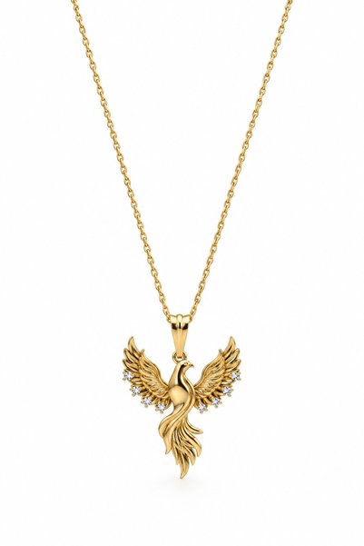 Coy Diamond 925 Ayar Gümüş Gold Anka Kuşu Kolye, Taşlı Zümrüdüanka Figürlü Ka...