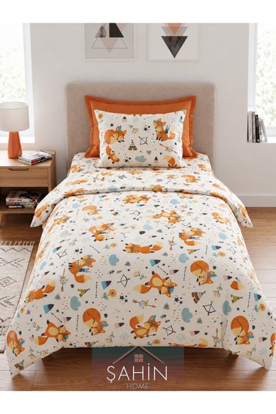 Şahinhome Nordic Fox Motif Duvet Cover Set with Elastic Single Duvet Cover Set