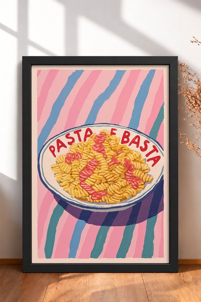 HOMEPACK Pasta E Basta Written Twisted Pasta Framed Table Italy Poster Living...
