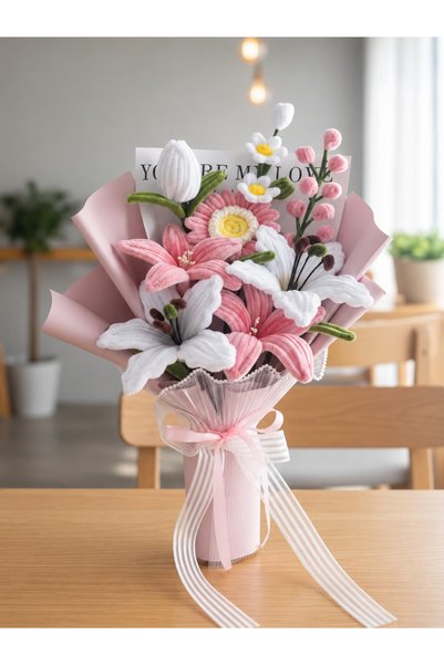 EFA Flowers Şönil Pembe-beyaz Lilyum Buket Aranjmanı - Solmayan Hediyelik