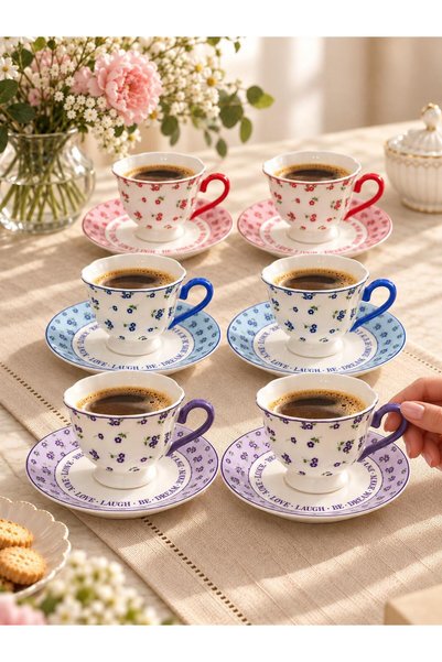 Ulus Home 6 Kişilik 12 Parça Çiçek Desenli Renkli Türk Kahvesi Fincan Takımı ...