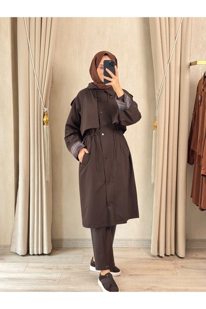 Nuss 6067 Kolu Ekose Detay Trench Bitter