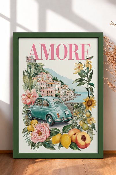 HOMEPACK Amore Written Mint Green Classic Car Framed Painting Italy Poster Wa...