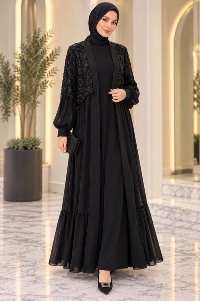 Hakimoda Çiçek İşlemeli Abaya Takım