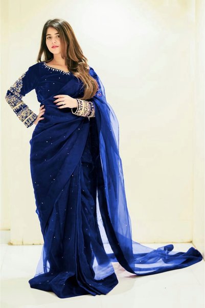 MYSMAR Navy Blue Chiffon Pearl Embellished Saree Set - LZF1007 | Navy Blue