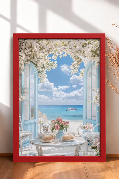 HOMEPACK White Flowered Doorway with Sea View Framed Painting Italy Poster Wa...