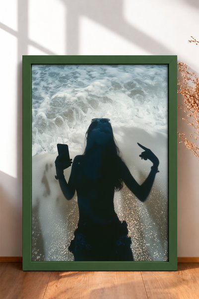 HOMEPACK Woman Shadow on the Beach with Phone Framed Painting Italy Poster Li...