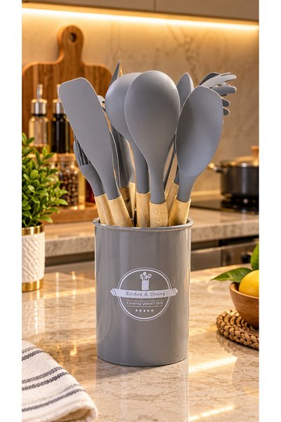 ABAREEK 11-Piece Heat-Resistant Silicone Kitchen Utensil Set with Stylish Woo...