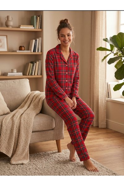 PIOVE Women's Plaid Patterned Buttoned Shirt Collar Long Sleeve Pajama Set