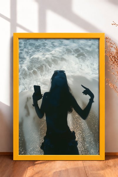 HOMEPACK Woman Shadow on the Beach with Phone Framed Painting Italy Poster Li...