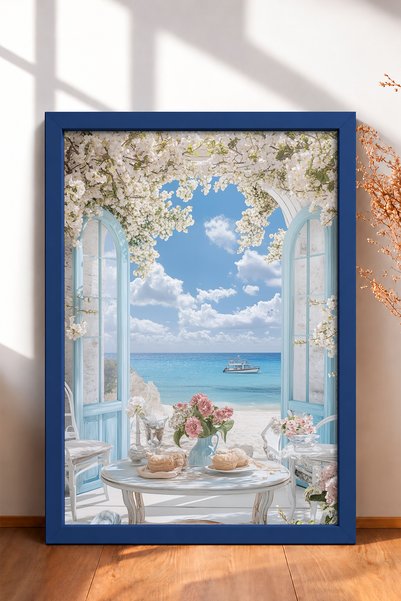 HOMEPACK White Flowered Doorway with Sea View Framed Painting Italy Poster Wa...
