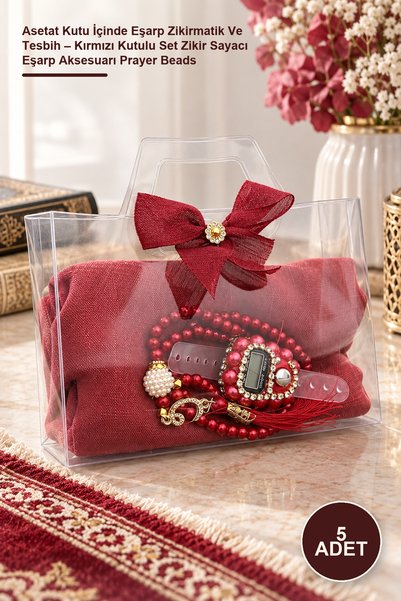 Yenilig 5 Pieces of Acetate Scarf in a Box, Zikirmatik and Tasbih – Red Boxed...