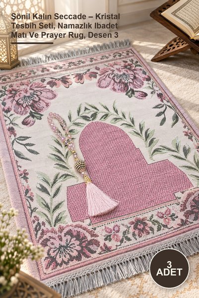 Yenilig 3 Pieces Chenille Thick Prayer Mat – Crystal Prayer Beads Set, Prayer...
