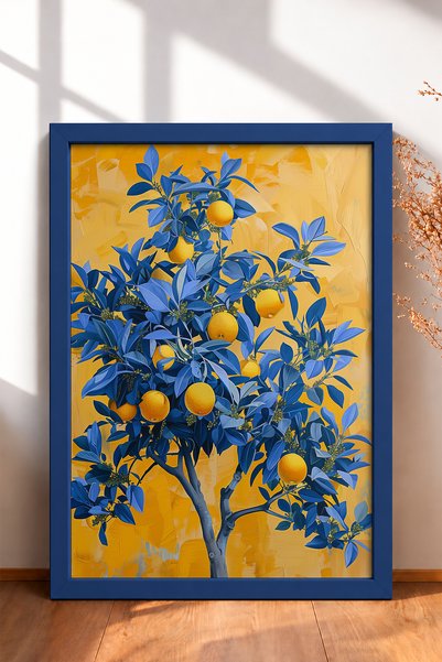 HOMEPACK Blue Leafy Lemon Tree Framed Painting Italy Poster Living Room Kitch...