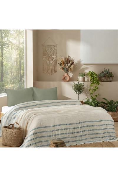 Müslin Yatak Örtüsü Çift Kişilik %100 Pamuk 220x240 cm Jasmin Çizgili