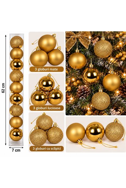 Generic Brand Set 9 globuri decorative de Craciun, 3 cu sclipici, 3 mate, 3 l...