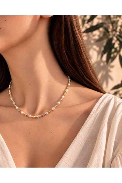 Nazen Jewelry Ahenk 14K Gold Boncuk Detaylı İnci Kolye